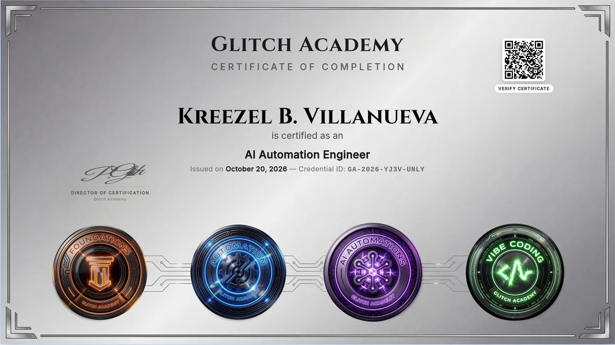 AI Automation Engineer certificate from Glitch Academy