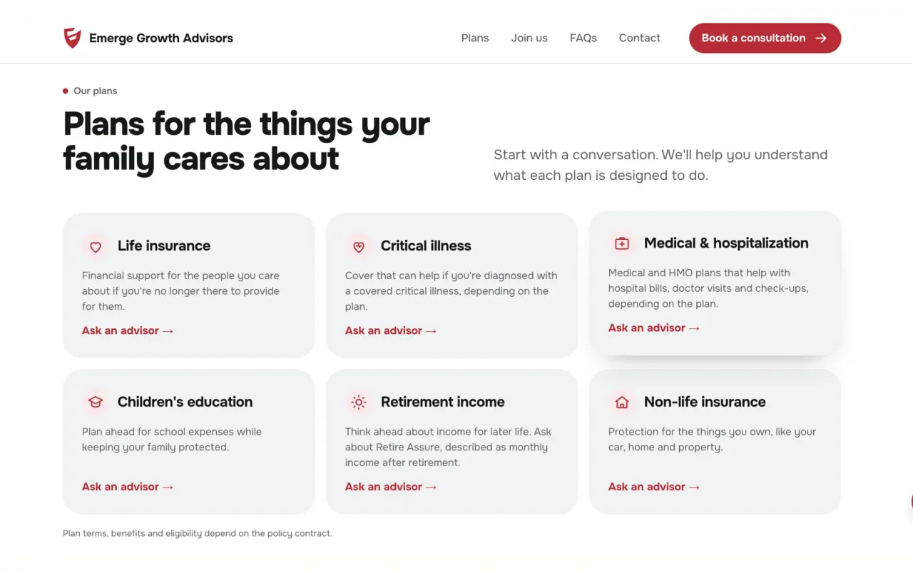 The plan explorer lists insurance, critical illness, medical, education, retirement and non-life plans.