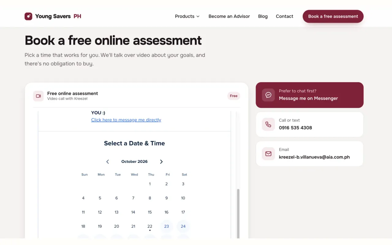 The booking section shows a free online assessment calendar and contact options.